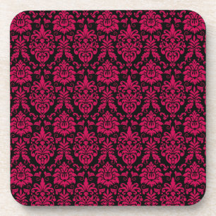 Hot Pink Black Damask Pattern Coaster