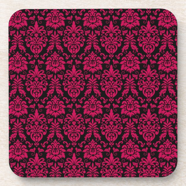 Hot Pink Black Damask Pattern Coaster (Front)