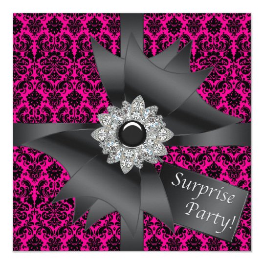 Hot Pink Black Damask Surprise Birthday Party Card