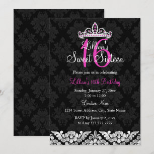Hot Pink Black Damask & Tiara Sweet 16 Invitation