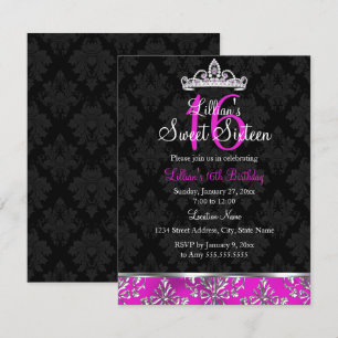 Hot Pink Black Damask Tiara Sweet 16 Invite