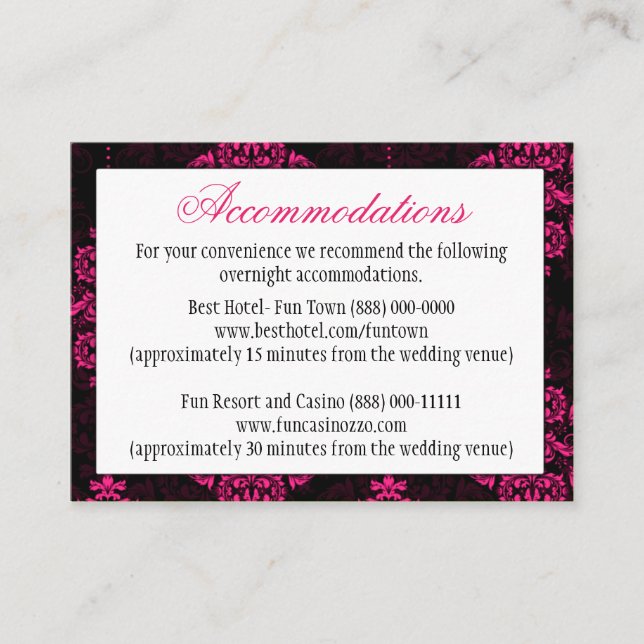Hot Pink Black Damask Wedding Reception Cards (Front)