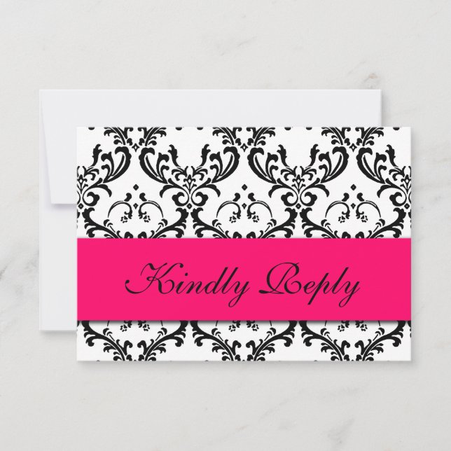 Hot Pink Black Damask Wedding RSVP (Front)