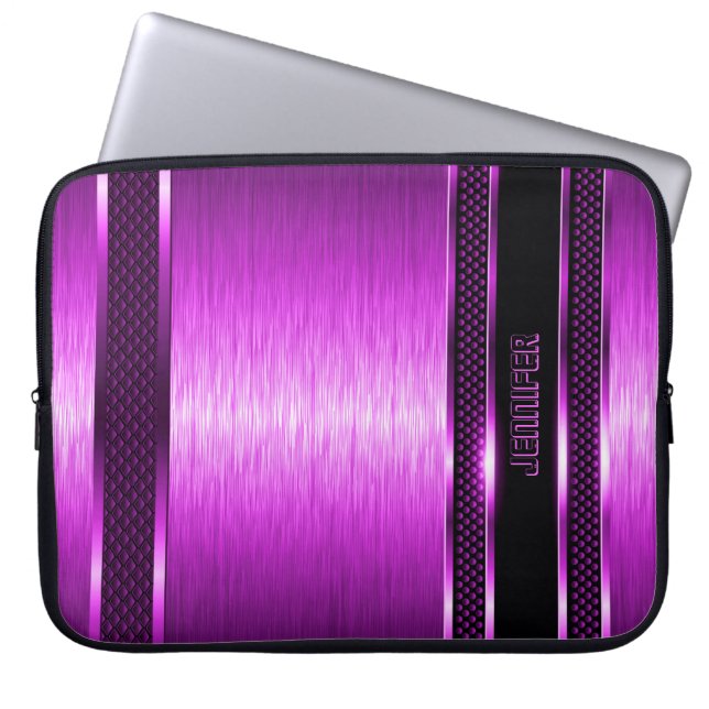 Hot Pink & Black Design Brushed Aluminum Look Laptop Sleeve (Front)