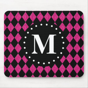 Hot Pink Black Diamond Pattern Monogram Mouse Mat