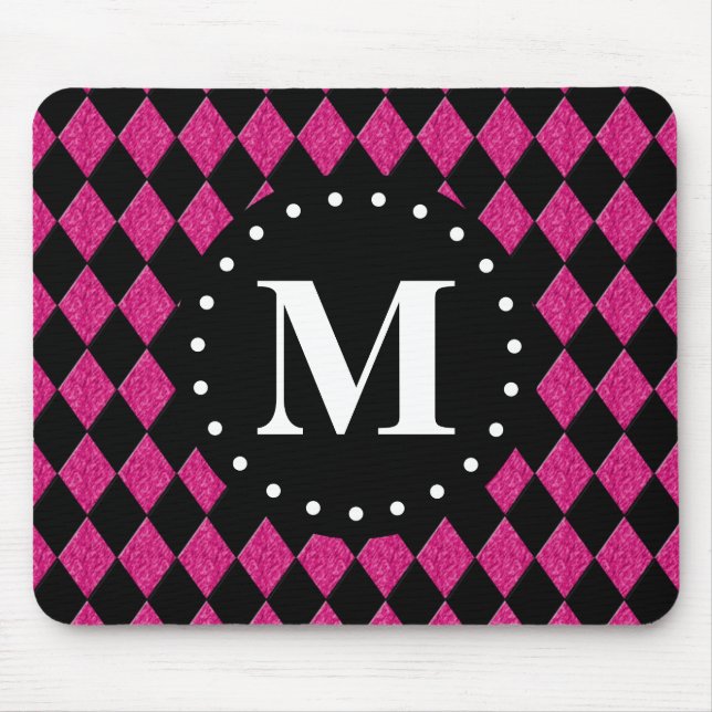 Hot Pink Black Diamond Pattern Monogram Mouse Mat (Front)