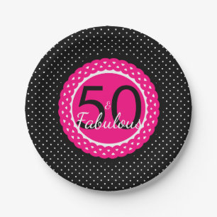 Hot Pink Black Dots 50 & Fabulous Birthday Party Paper Plate