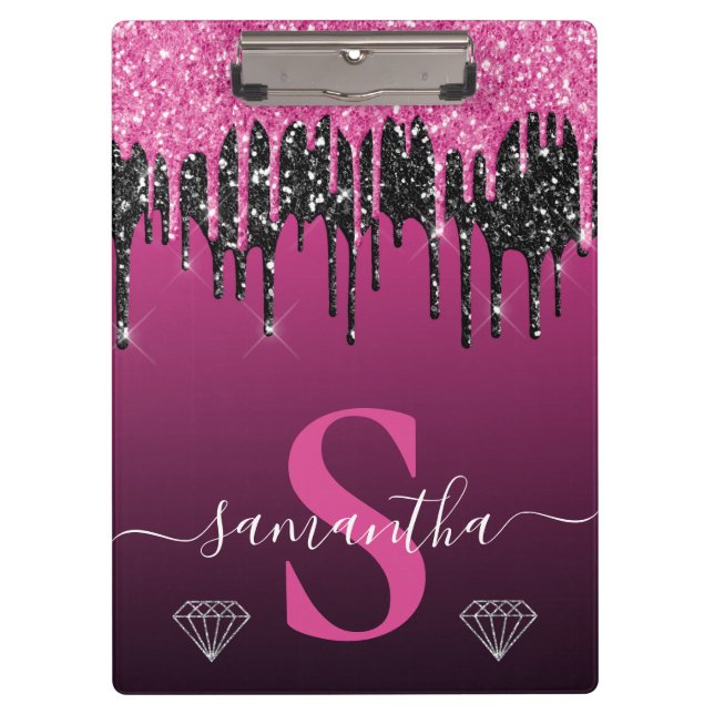 Hot Pink & Black Dripping Glitter Monogram Clipboard (Front)