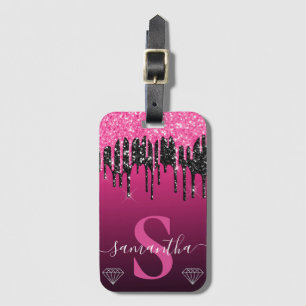 Hot Pink & Black Dripping Glitter Monogram Luggage Tag