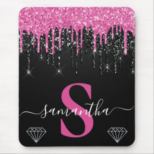 Hot Pink & Black Dripping Glitter Monogram Mouse Mat