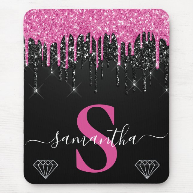 Hot Pink & Black Dripping Glitter Monogram Mouse Mat (Front)