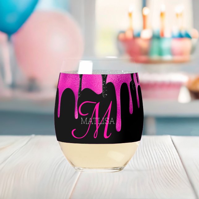Hot Pink & Black Dripping Glitter Monogram Name   Stemless Wine Glass (Insitu (Baby Shower))