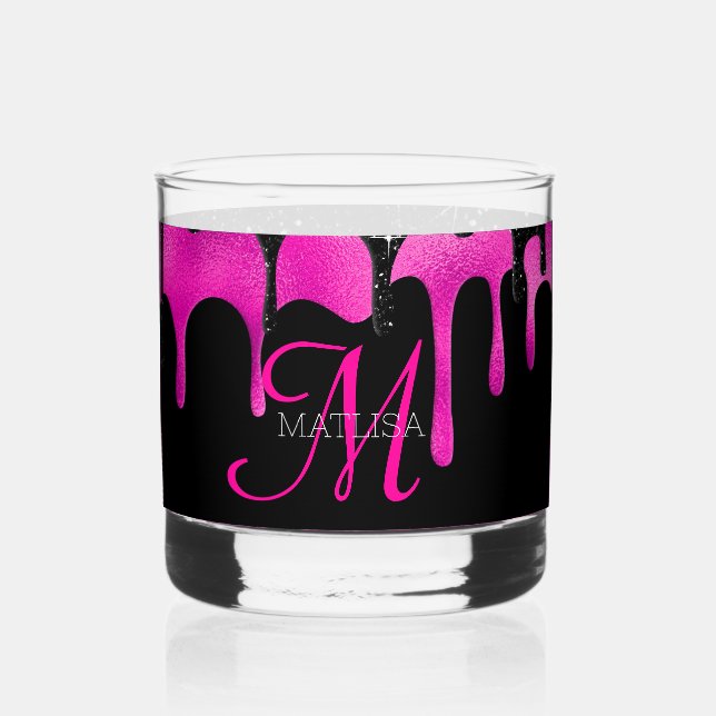 Hot Pink & Black Dripping Glitter Monogram Name   Whiskey Glass (Front)