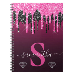 Hot Pink & Black Dripping Glitter Monogram Notebook