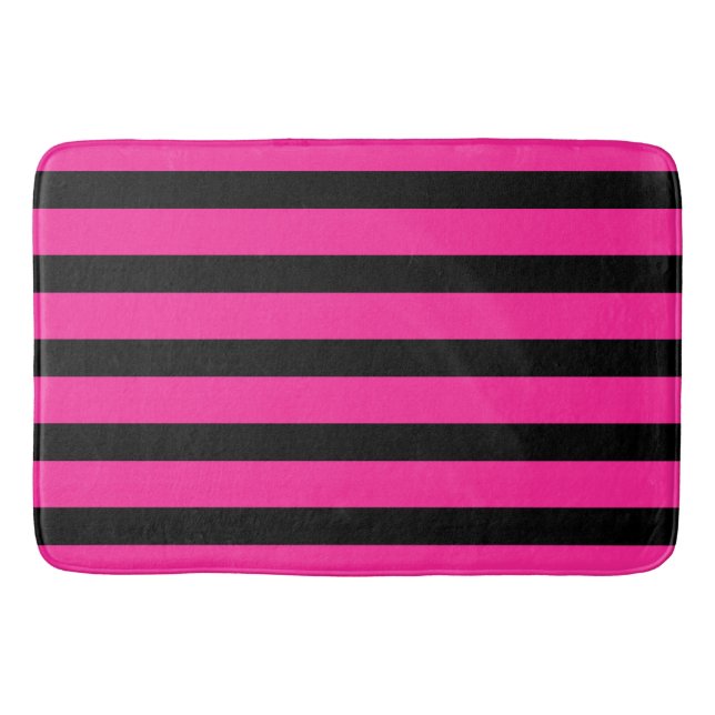 Hot Pink & Black Fashion Stripe Stripes Bath Mat (Front)