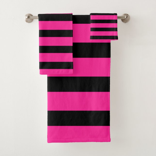 Hot Pink & Black Fashion Stripe Stripes Bath Towel Set (Insitu)