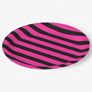Hot Pink & Black Fashion Stripe Stripes Party Paper Plate