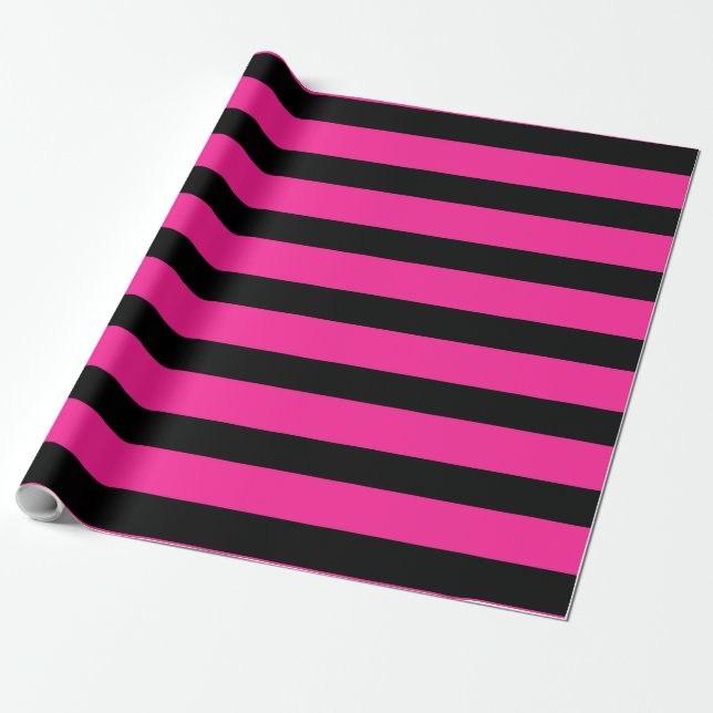 Hot Pink & Black Fashion Stripe Stripes Party Wrapping Paper (Unrolled)