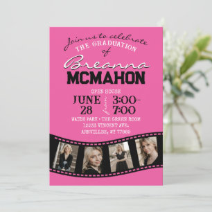 Hot Pink & Black Filmstrip 5 Photo Graduation Invitation