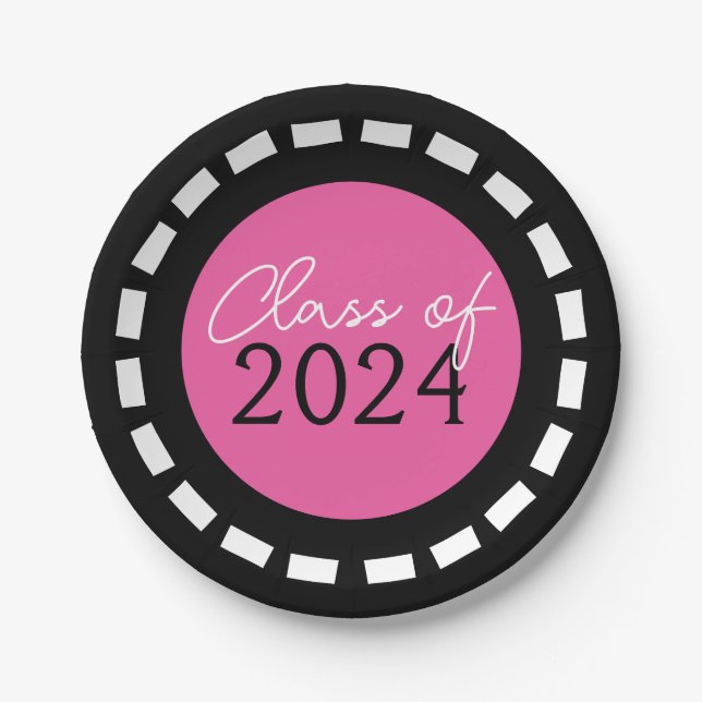 Hot Pink & Black Filmstrip Class Year Graduation Paper Plate (Front)