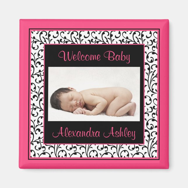 Hot Pink Black Floral Damask Baby Photo Magnet (Front)