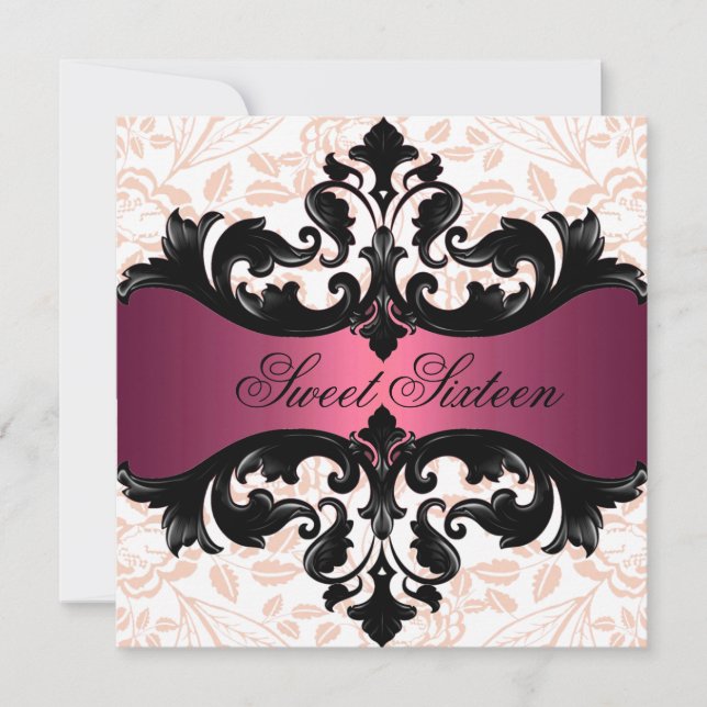 Hot Pink & Black Floral Damask Birthday Invitation (Front)