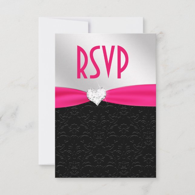 Hot Pink Black Floral Damask Diamond Heart RSVP (Front)