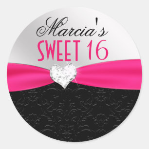 Hot Pink Black Floral Damask Diamond Heart Seal