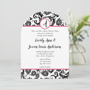 Hot Pink & Black Floral Damask Wedding Invitation