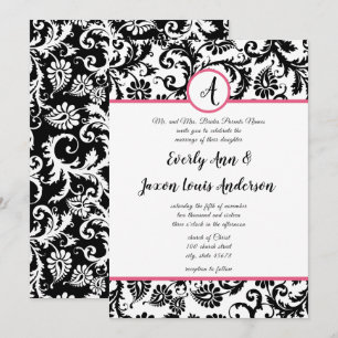 Hot Pink & Black Floral Damask Wedding Invitation
