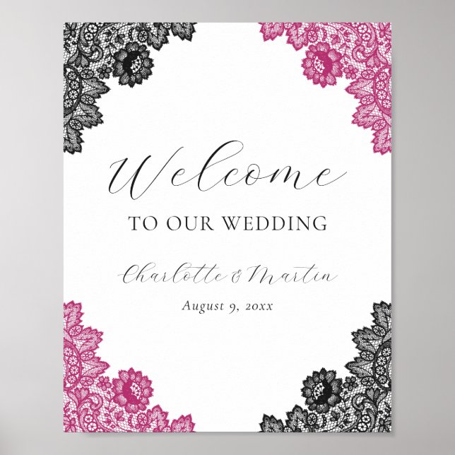 Hot Pink Black Floral Lace Wedding Welcome Sign (Front)