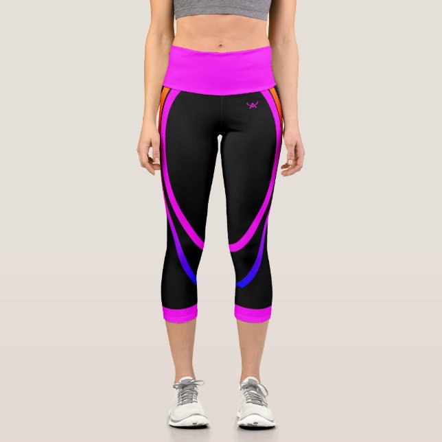 Hot Pink Black Geometric Print Modern Style Capri Leggings (Front)