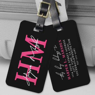 Hot Pink Black Girly Monogram Name Luggage Tag
