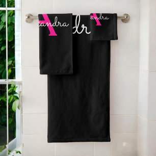 Hot Pink Black Girly Script Monogram Name Bath Towel Set