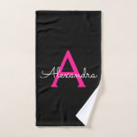 Hot Pink Black Girly Script Monogram Name Hand Towel<br><div class="desc">Black and Hot Pink Simple Script Monogram Name Bath Towel. This makes the perfect sweet 16 birthday,  wedding,  bridal shower,  anniversary,  baby shower or bachelorette party gift for someone that loves glam luxury and chic styles.</div>