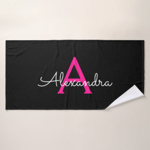 Hot Pink Black Girly Script Monogram Name Modern Bath Towel