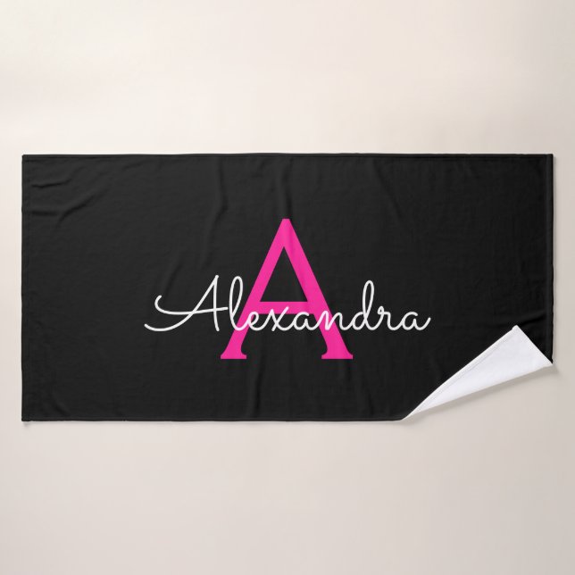Hot Pink Black Girly Script Monogram Name Modern Bath Towel (Bath Towel)