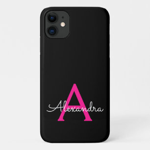 Hot Pink Black Girly Script Monogram Name Modern iPhone 11 Case