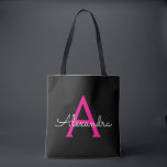 Hot Pink Black Girly Script Monogram Name Modern Tote Bag<br><div class="desc">Black and Hot Pink Elegant Add Your Own Name Monogram Book Bag. This Book Bag can be customised to include your initial and first name and given as a gift for Christmas,  Sweet 16 Birthday,  Bridal Shower or a Wedding.</div>