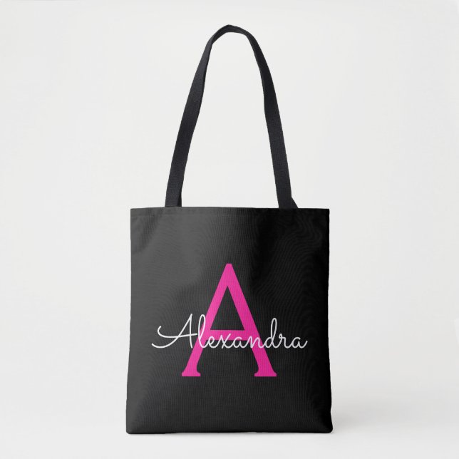 Hot Pink Black Girly Script Monogram Name Modern Tote Bag (Front)