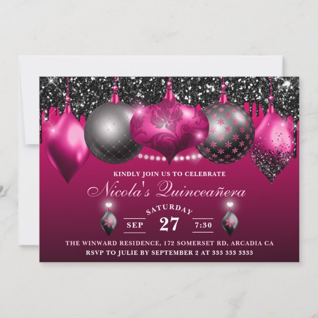 Hot Pink & black Glitter Baubles Quinceanera Invitation (Front)