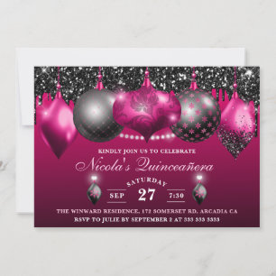 Hot Pink & black Glitter Baubles Quinceanera Invitation