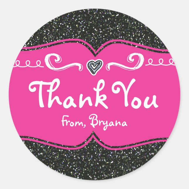 Hot Pink & Black Glitter Birthday Party Stickers (Front)