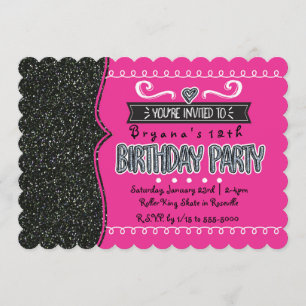 Hot Pink & Black Glitter Girls Party Invitations