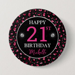 Hot Pink & Black Glitter Leopard Spots Birthday 7.5 Cm Round Badge
