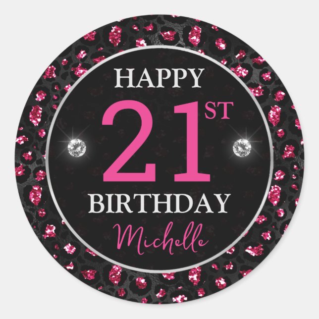 Hot Pink & Black Glitter Leopard Spots Birthday Classic Round Sticker (Front)