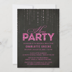 Hot Pink & Black Glitter Look Hens Party Invitation