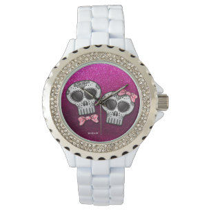 Hot Pink Black Glitter Modern Elegant Sugar Skull Watch