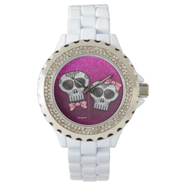 Hot Pink Black Glitter Modern Elegant Sugar Skull Watch (Front)