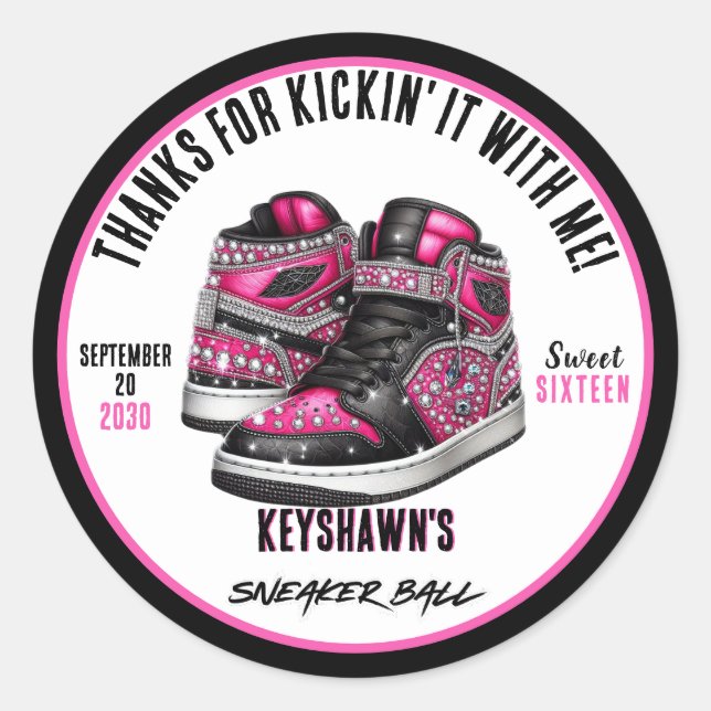 Hot Pink & Black Glitter Sneaker Ball Birthday Classic Round Sticker (Front)